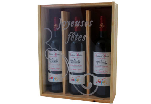 Coffret cadeau gravé Joyeuses Fêtes 3 bouteilles Bordeaux Château Caban 2013