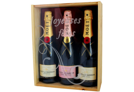 Coffret cadeau gravé Joyeuses Fêtes 3 bouteilles Champagne Moët et Chadon Brut Imperial