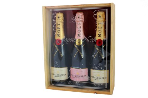 Coffret cadeau gravé "Joyeux Noël" + trois bouteilles Champagne Moët et Chadon Brut Imperial