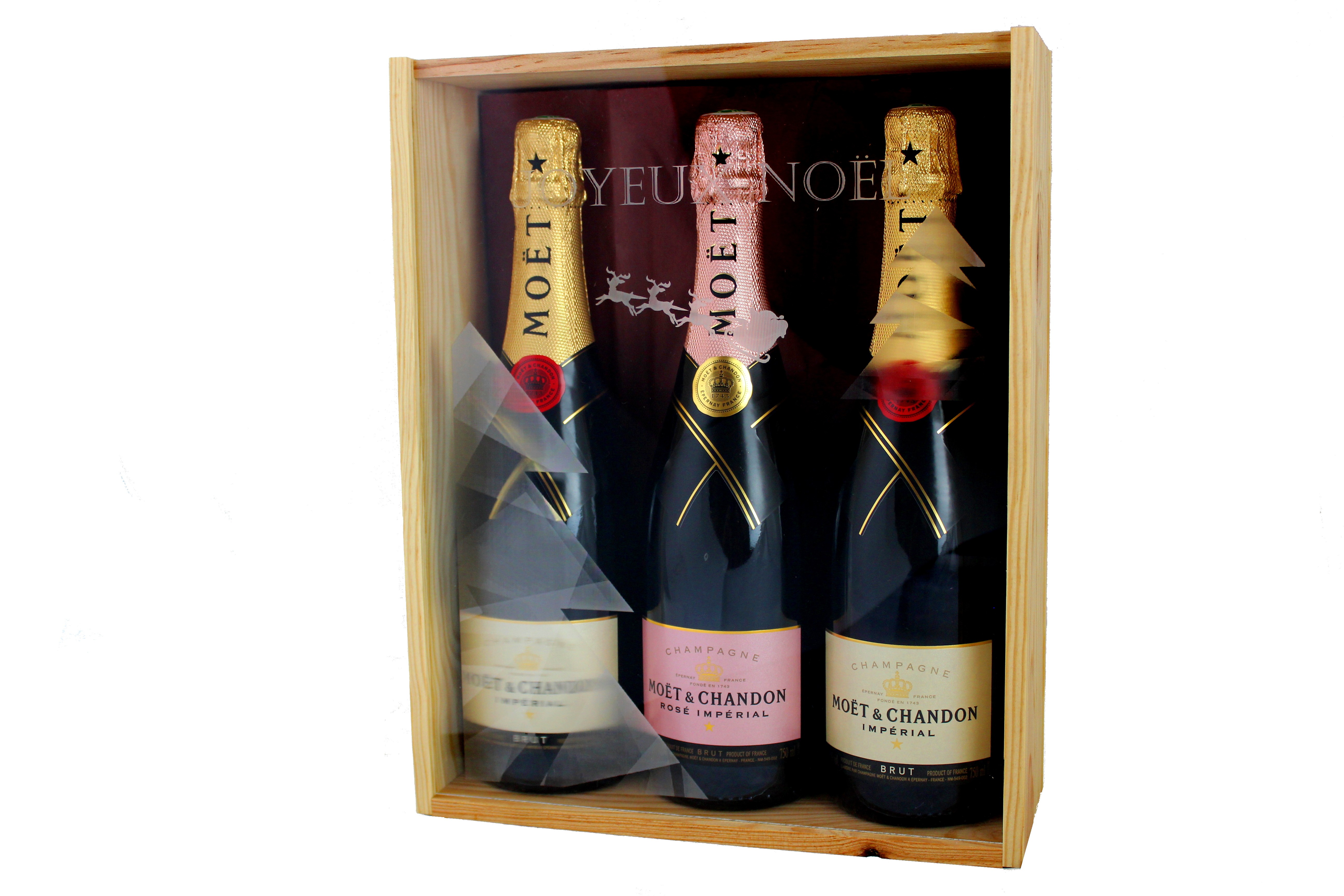 Coffret cadeau gravé « Traineau » + trois bouteilles Champagne Moët et  Chadon Brut Imperial - PersoWine