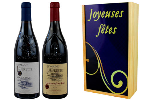 Coffret Cadeau 2 Bouteilles Château Neuf du Pape et Gigondas Imprimé Joyeuses Fêtes