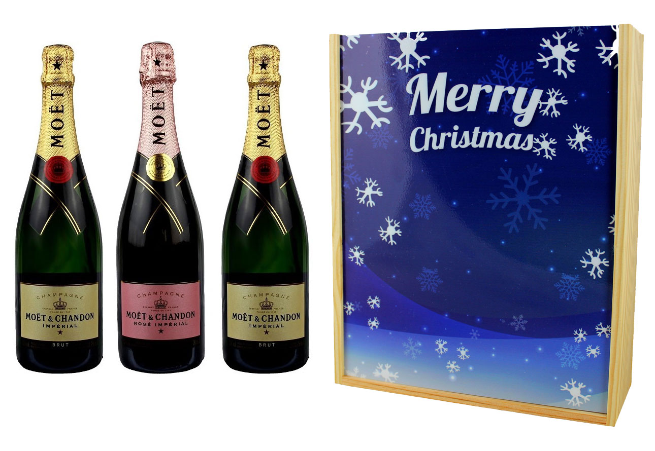 Coffret Cadeau Imprimé « Flocons » + 3 Bouteilles Champagne Moet et Chandon  Brut et Brut Rosé - PersoWine