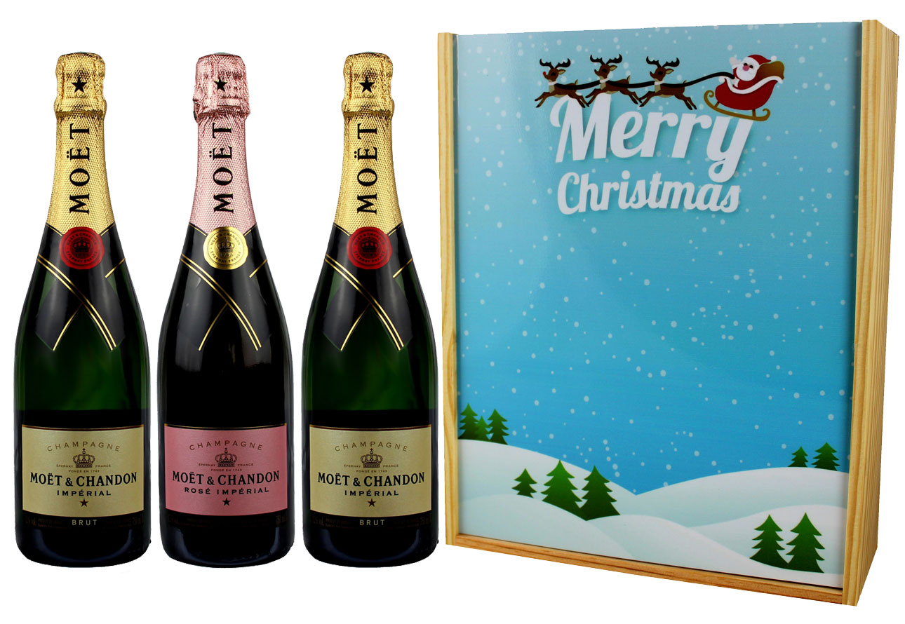 Coffret Cadeau Imprimé « Traîneau » + 3 Bouteilles Champagne Moet et  Chandon Brut et Brut Rosé - PersoWine