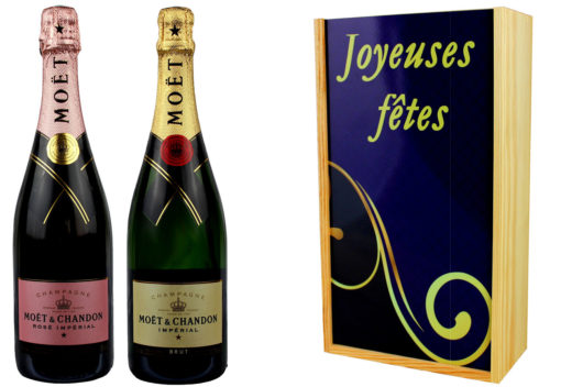 Coffret Cadeau Imprimé 2 Bouteilles Champagne Moet et Chandon Brut et Brut Rosé Joyeuses Fêtes