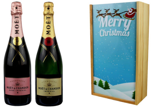 Coffret Cadeau Imprimé 2 Bouteilles Champagne Moet et Chandon Brut et Brut Rosé Traineau