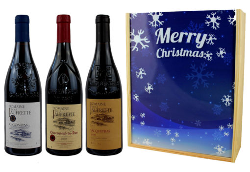 Coffret Cadeau Imprimé 3 Bouteilles Château Neuf du Pape Vacqueras Gigondas flocons