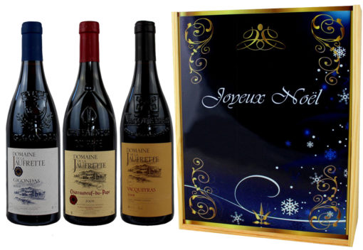 Coffret Cadeau Imprimé 3 Bouteilles Château Neuf du Pape Vacqueras Gigondas volutes
