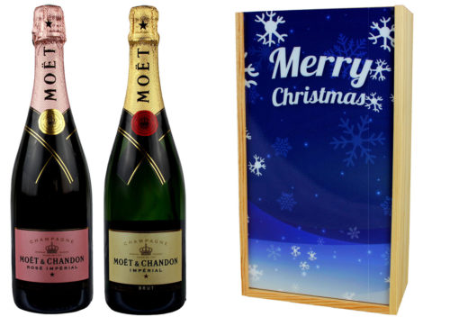 Coffret Cadeau Imprimé Flocons 2 Bouteilles Champagne Moet et Chandon Brut et Brut Rosé