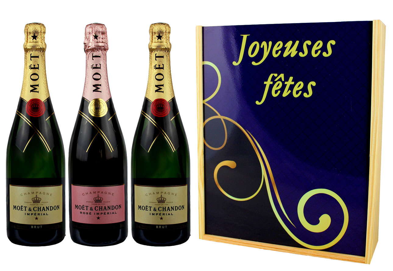 Coffret Cadeau Imprimé « Ligne » + 3 Bouteilles Champagne Moet et Chandon  Brut et Brut Rosé - PersoWine