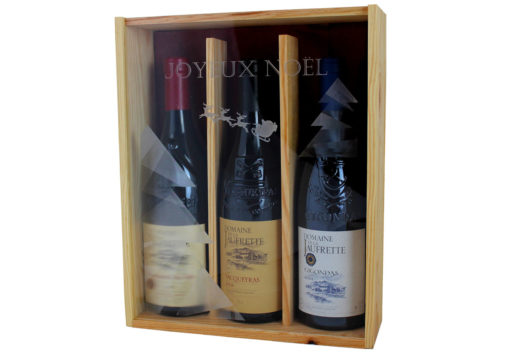 Coffret cadeau gravé « Traineau » + trois bouteilles Côtes du Rhônes Domaine de la Jaufrette